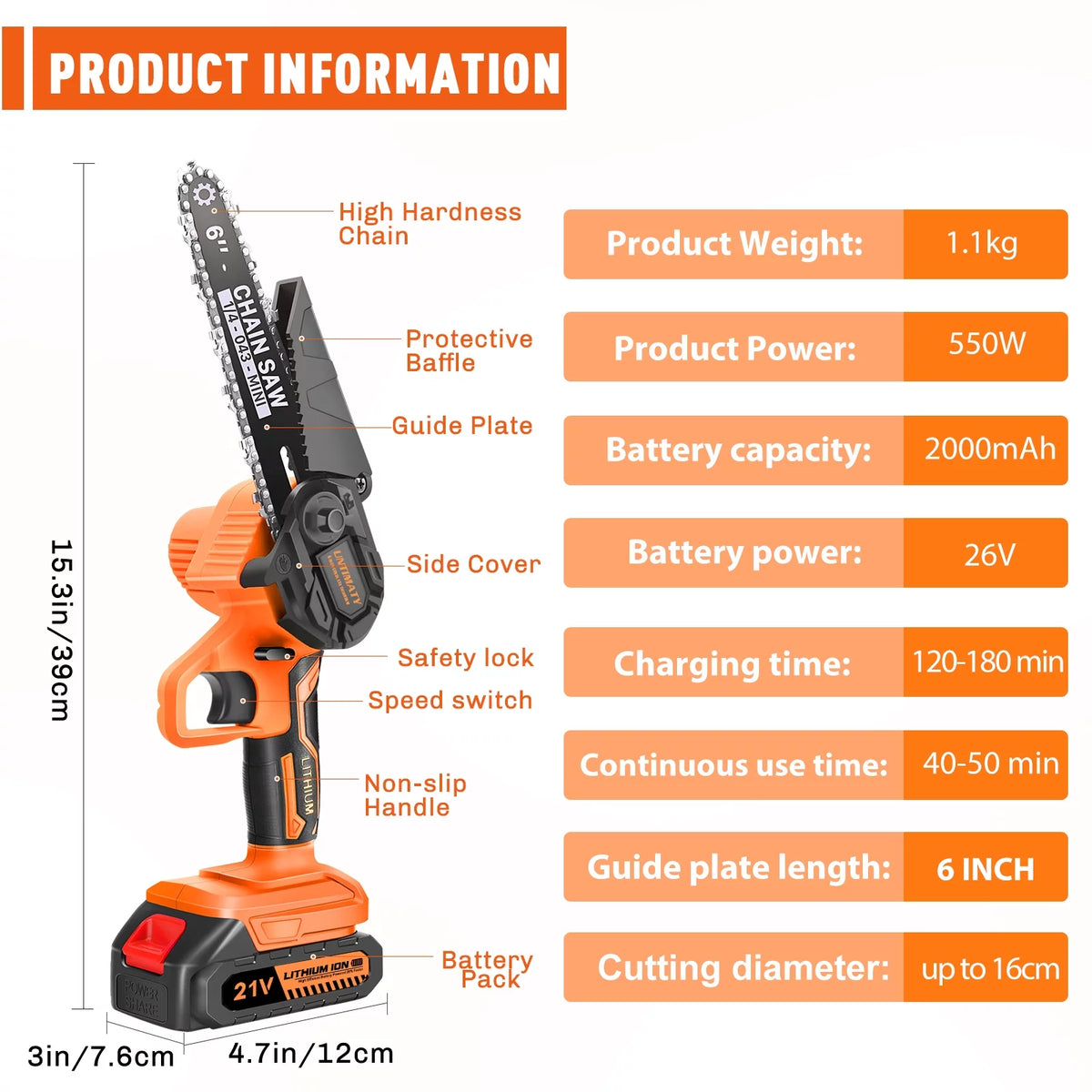 6 Inch Cordless Mini Chainsaw with 2 Batteries 2 Chains F4593