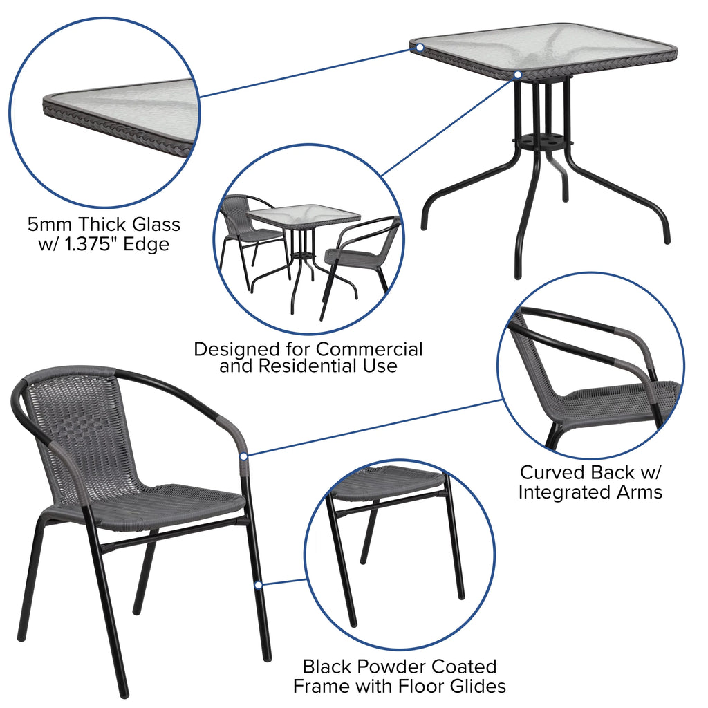 28'' Square Glass Metal Table with 2 Gray Rattan Stack Chairs W112