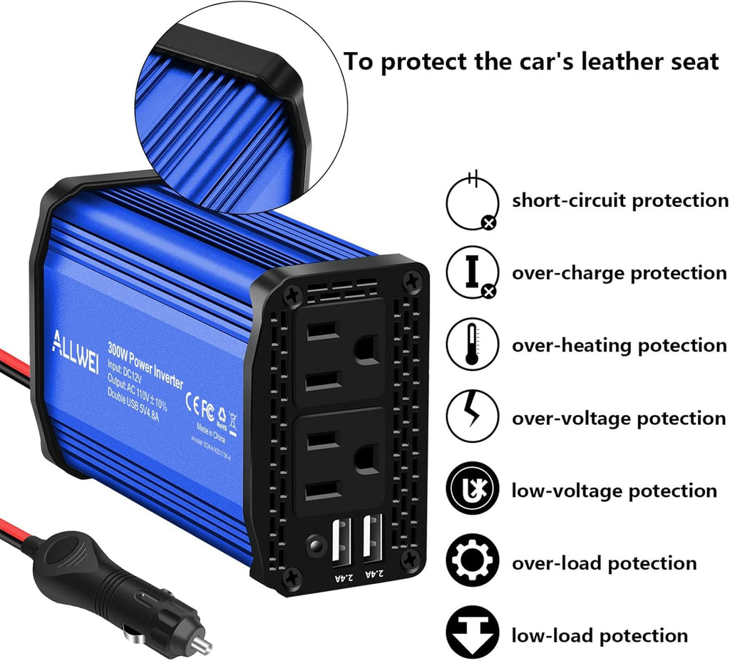 300W Car Power Inverter DC 12V to 110V AC Converter Dual USB Car Charger Adapter Pack of 2 G928