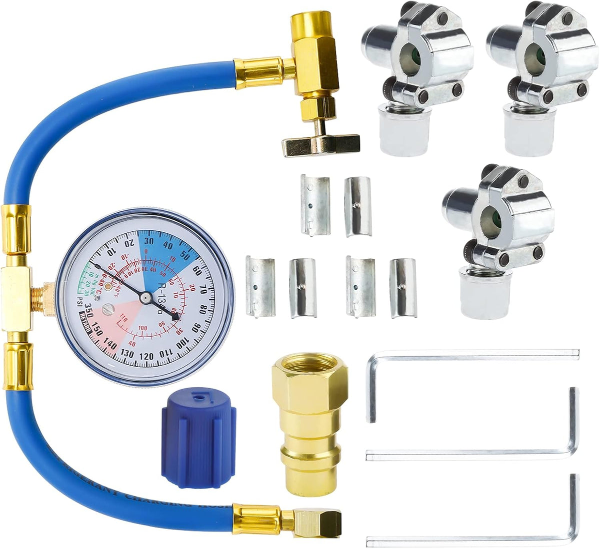 Refrigerant Charging Hose Gauge with 3 Pack Bullet Piercing Tap Valve Kit A24298