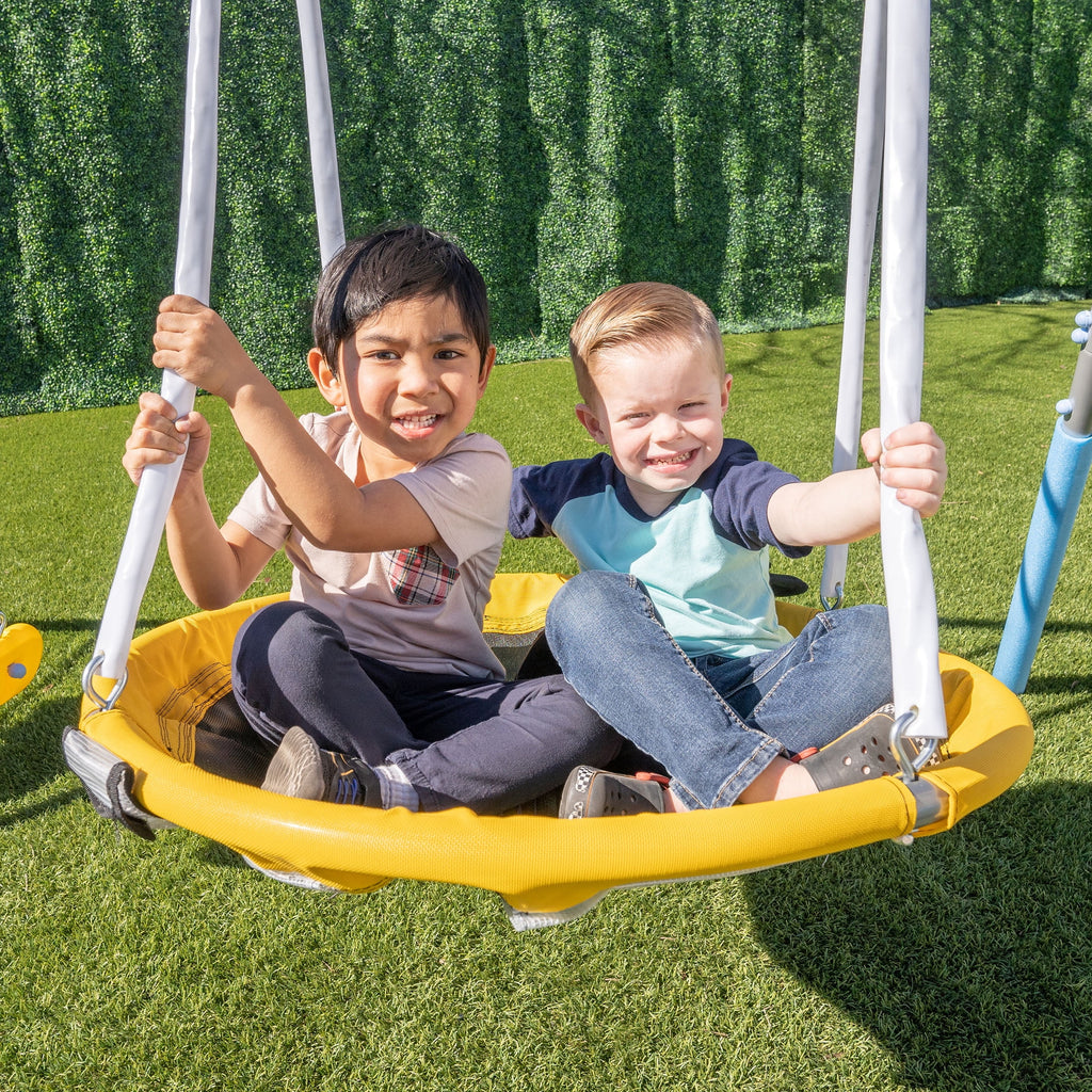 Metal Swing Set with LED Light up Saucer Swing, 2 Swings, and Blow Molded Slide Y102394
