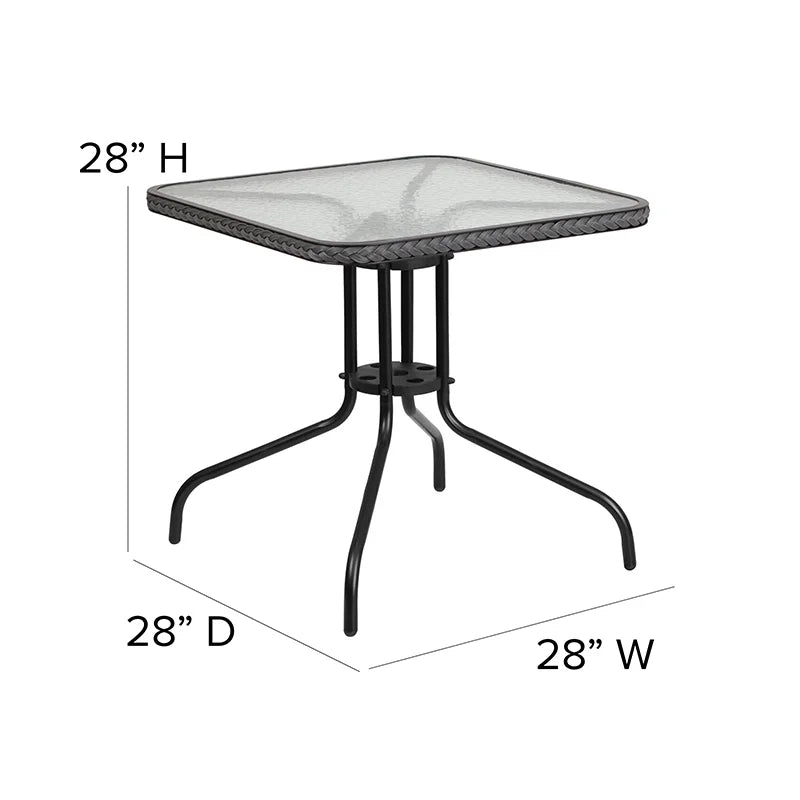 28'' Square Glass Metal Table with 2 Gray Rattan Stack Chairs W112