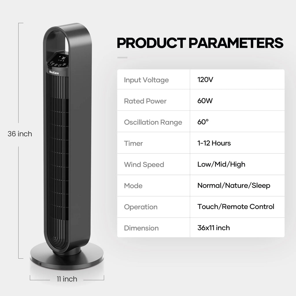 36in Tower Fan with Oscillation, Remote Control, 3 Speeds Q600125