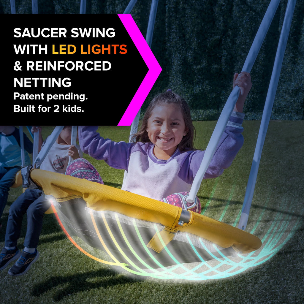 Metal Swing Set with LED Light up Saucer Swing, 2 Swings, and Blow Molded Slide Y102394