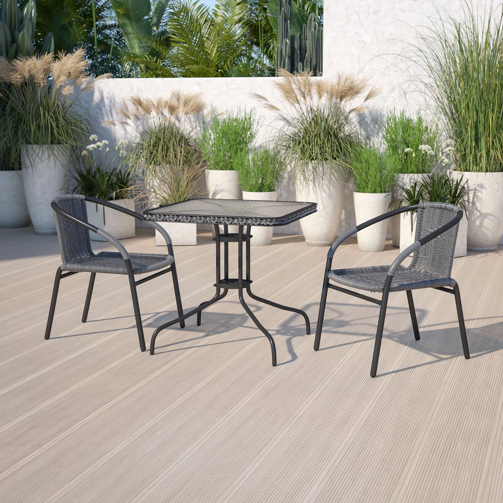 28'' Square Glass Metal Table with 2 Gray Rattan Stack Chairs W112