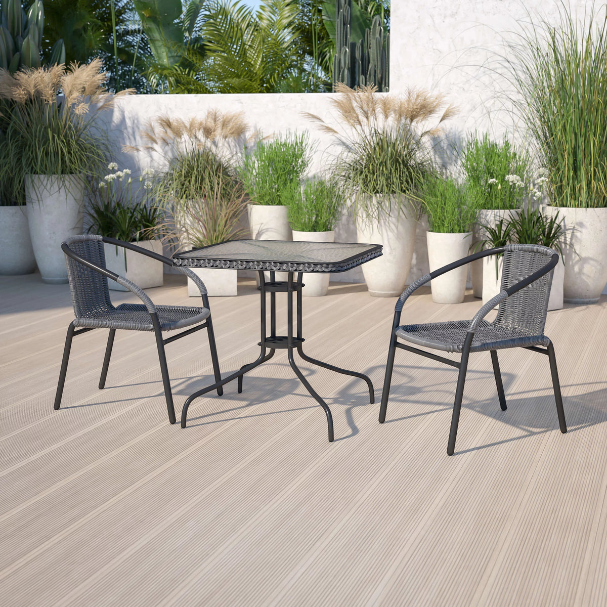 28'' Square Glass Metal Table with 2 Gray Rattan Stack Chairs W112