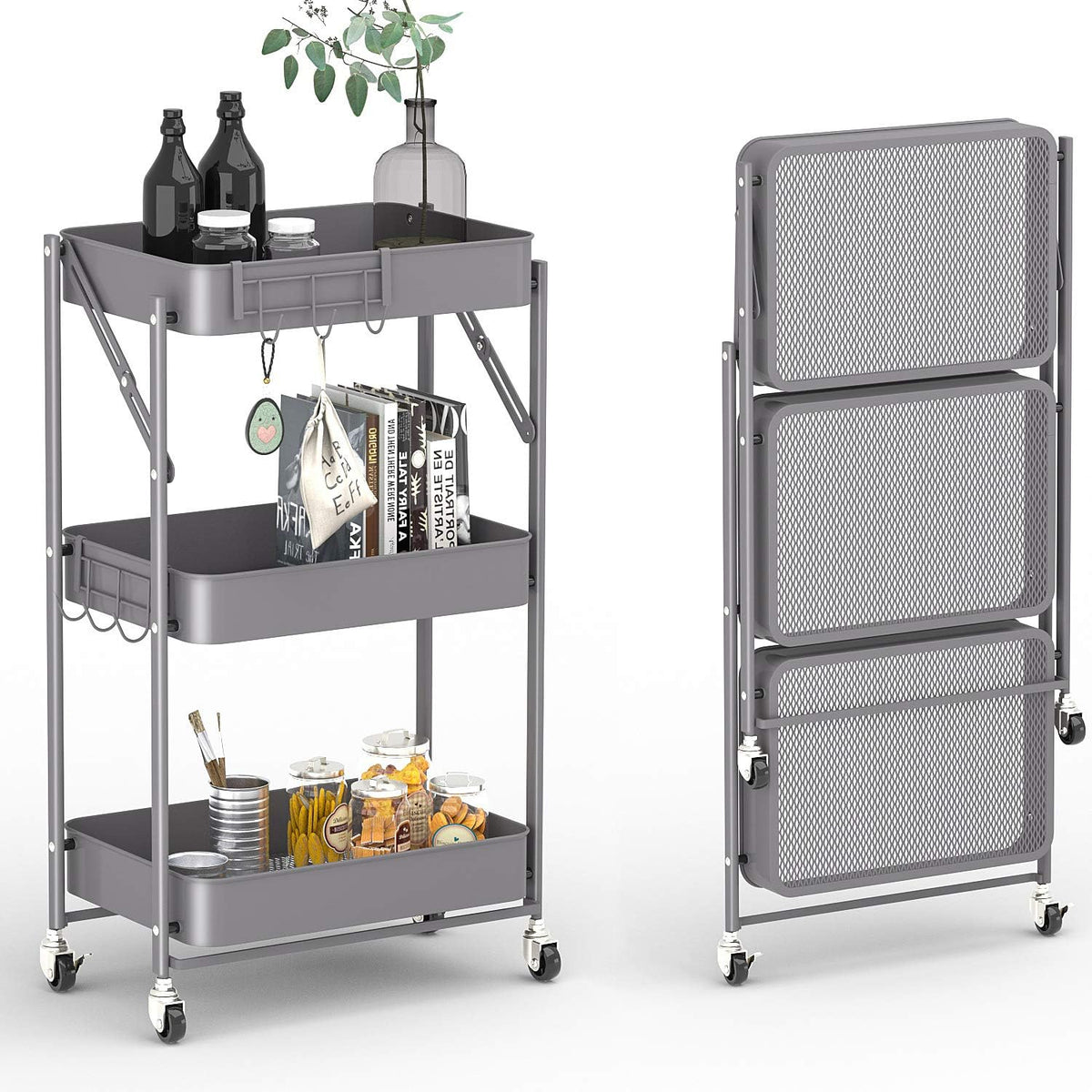 3-Tier Foldable Metal Rolling Cart with Hooks L153959