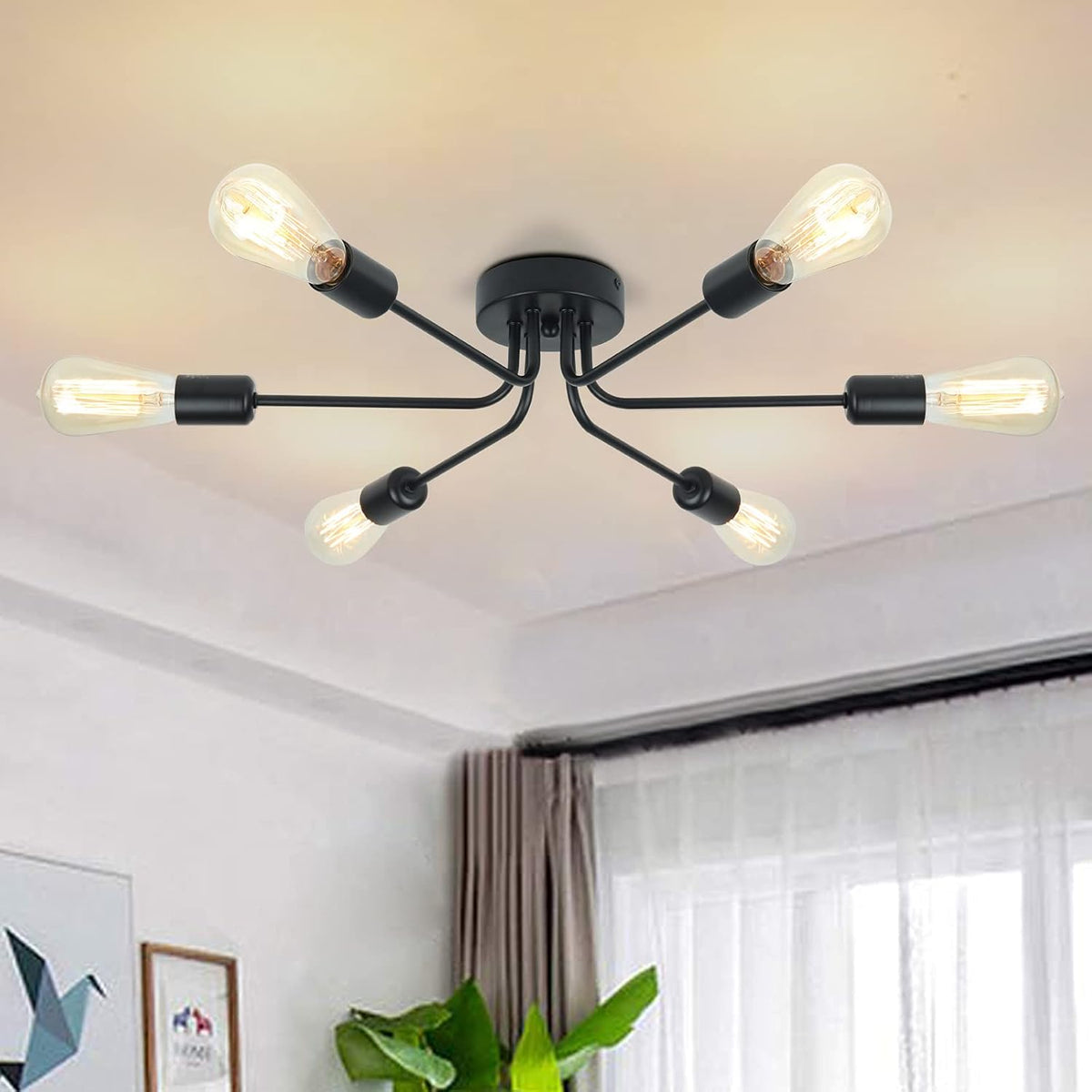 6 Light Matte Black Flush Mount Ceiling Light W547