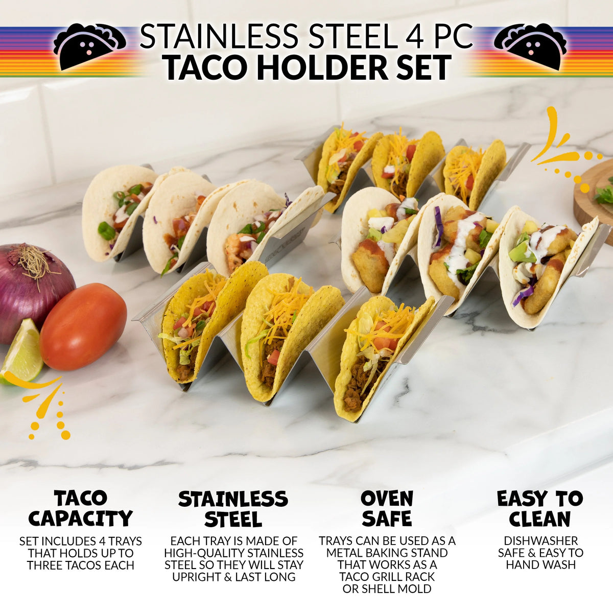 Stainless Steel 4-Piece Taco Holder Tray Set O3169