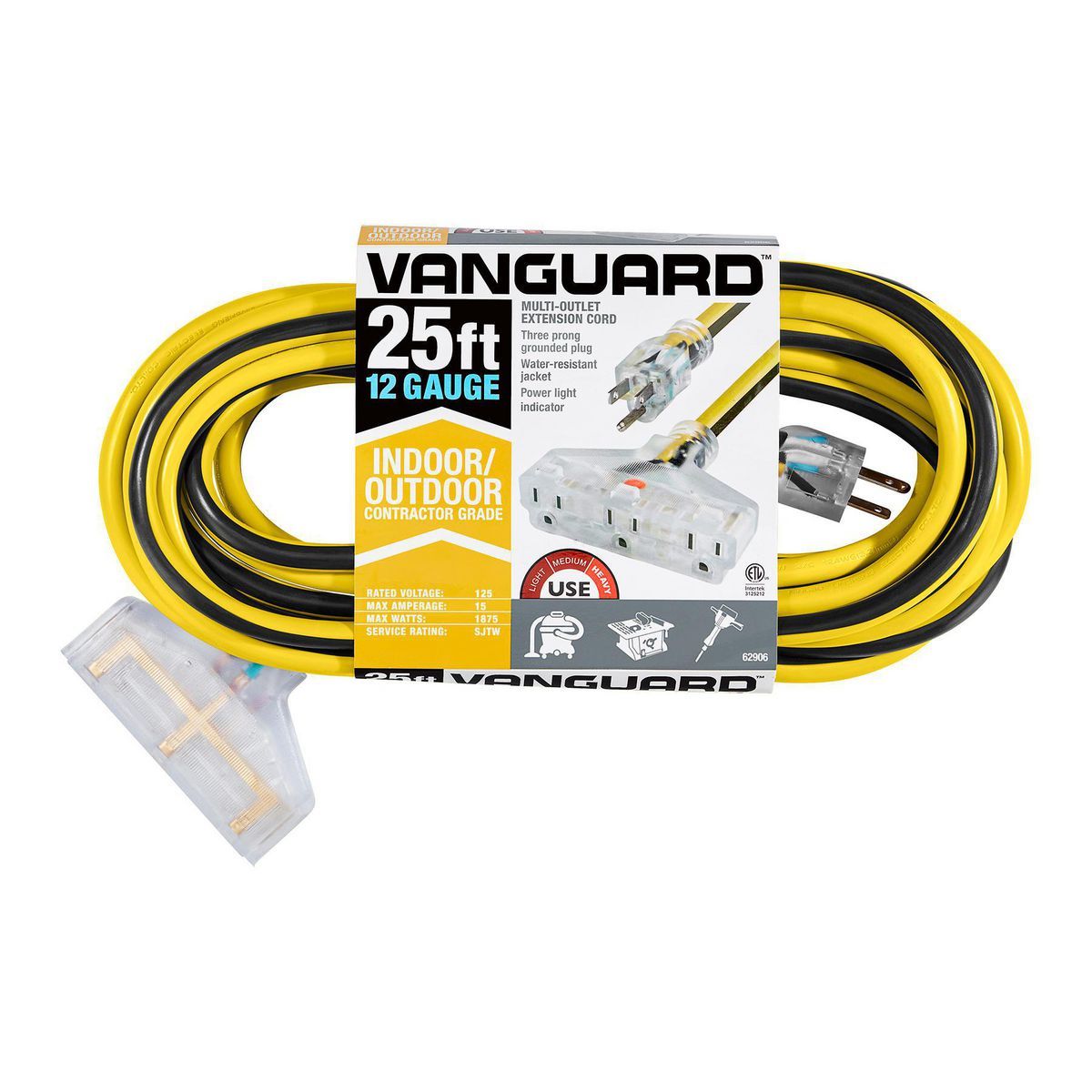 25 ft. 12/3 Gauge Multiple Outlet Extension Cord with Indicator Light, Yellow, Black W1806