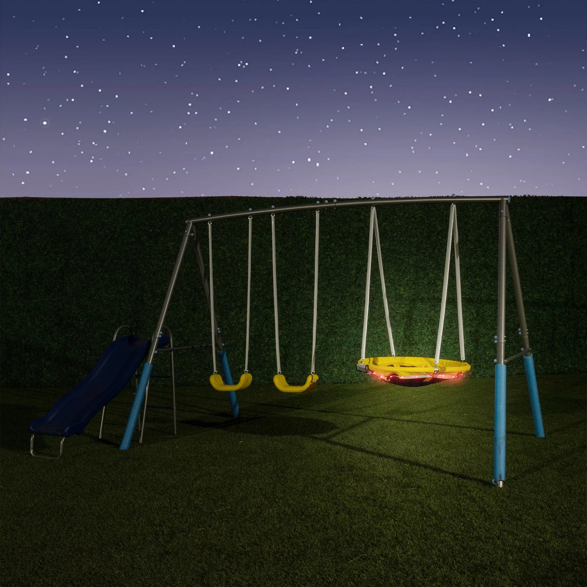 Metal Swing Set with LED Light up Saucer Swing, 2 Swings, and Blow Molded Slide Y102394