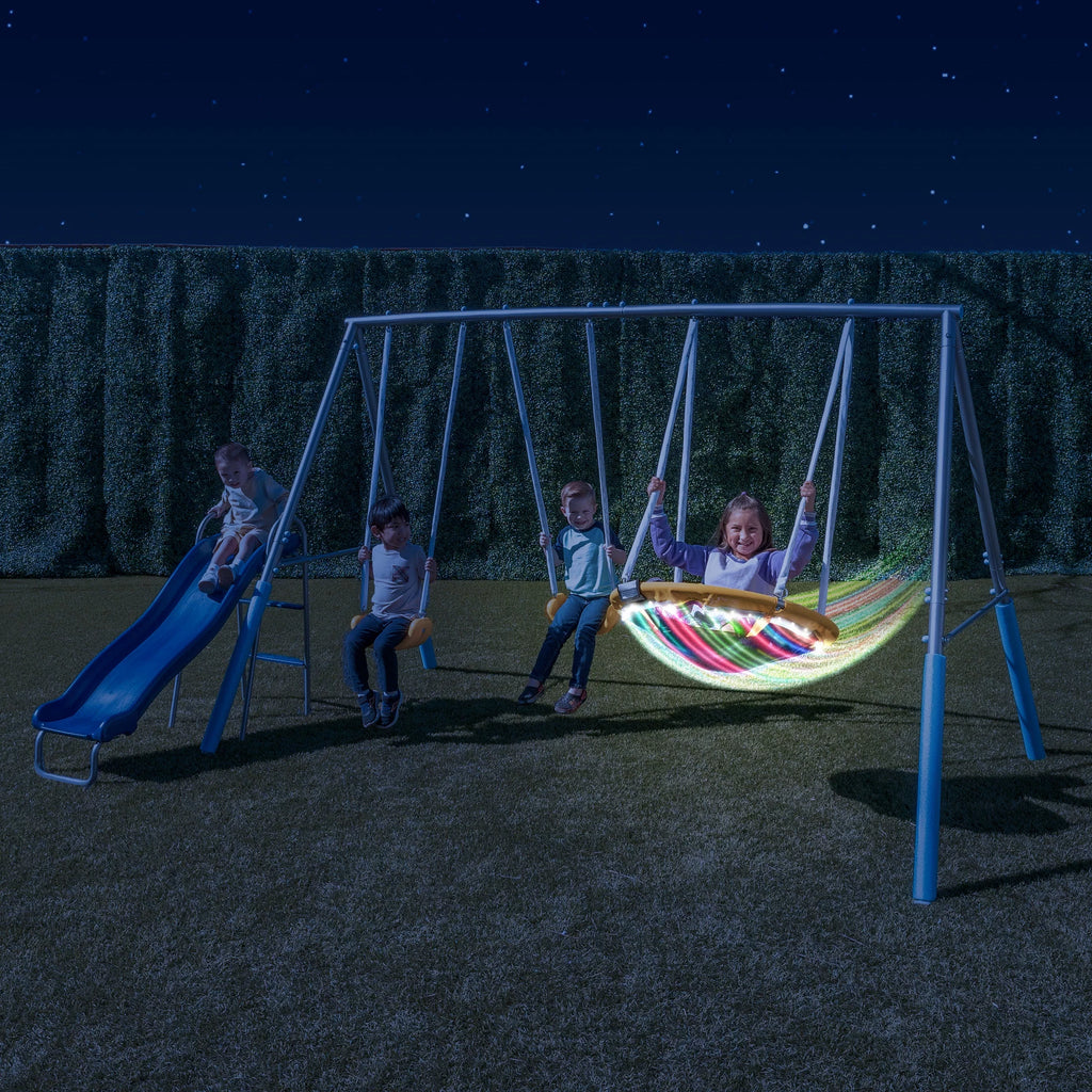Metal Swing Set with LED Light up Saucer Swing, 2 Swings, and Blow Molded Slide Y102394