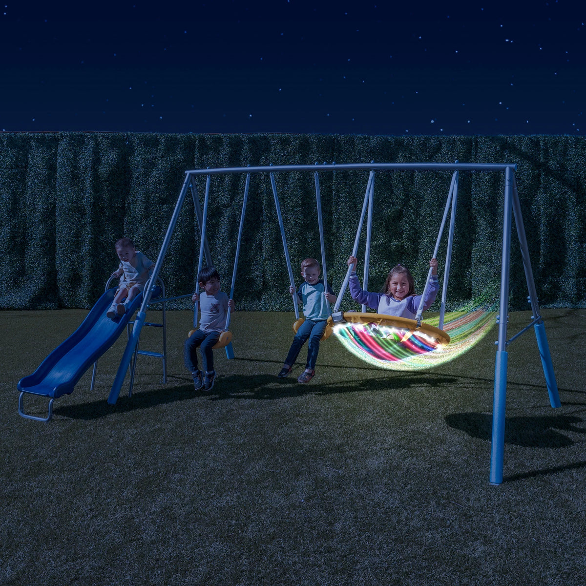 Metal Swing Set with LED Light up Saucer Swing, 2 Swings, and Blow Molded Slide Y102394