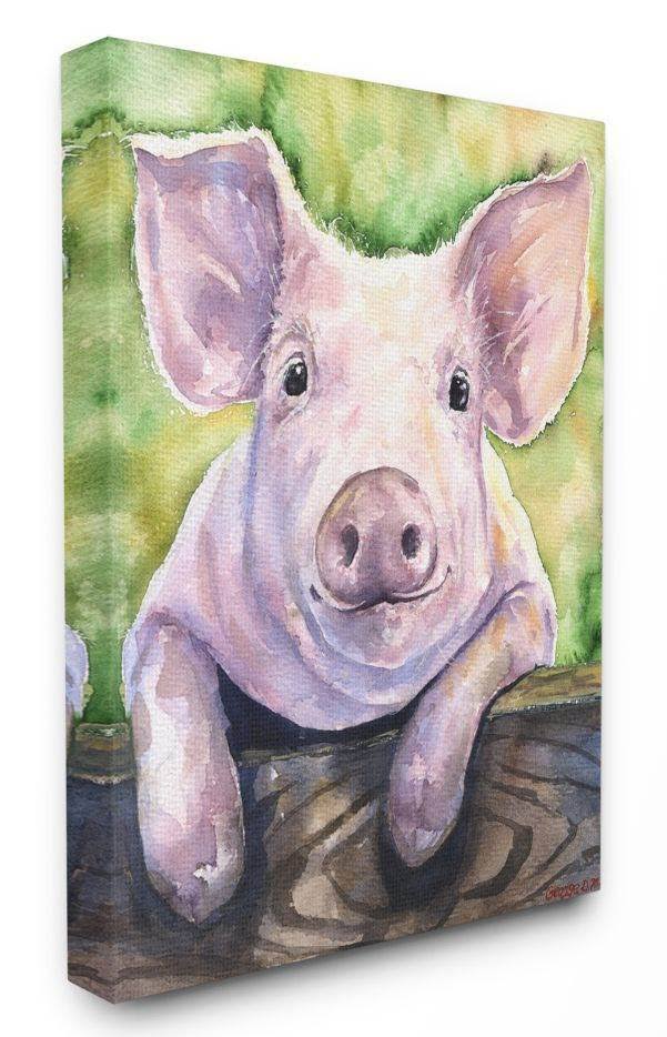 Pink Pig Green Watercolor Canvas Art U78494