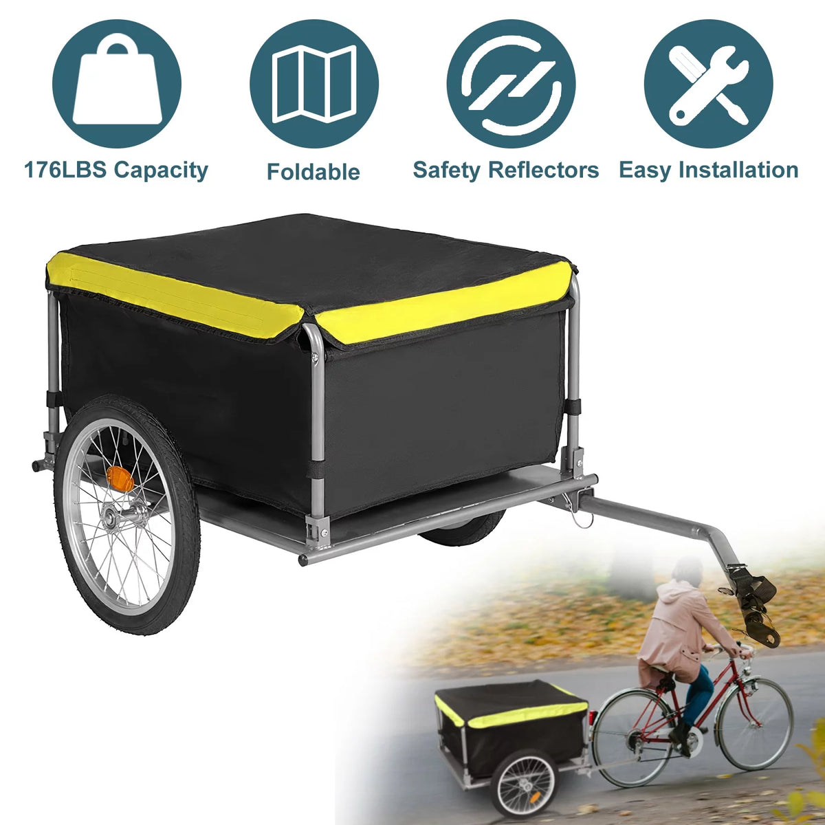 Foldable Bike Cargo Trailer with Removable Lid Black F87325