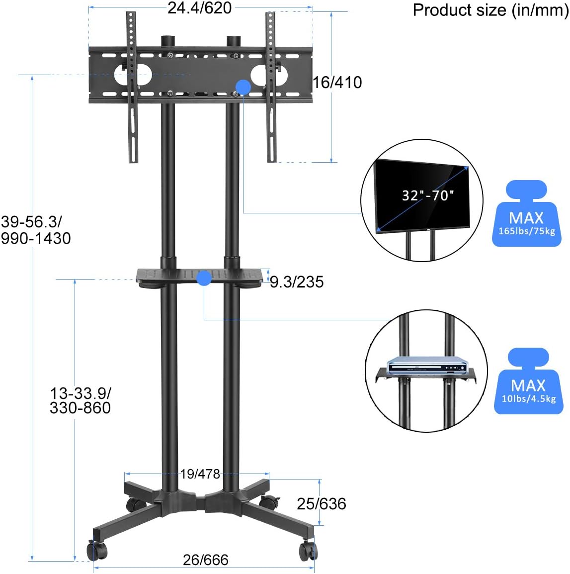 Mobile TV Cart Rolling TV Stand with Wheels and Shelf for 32-70 inch Flat Screen W84790
