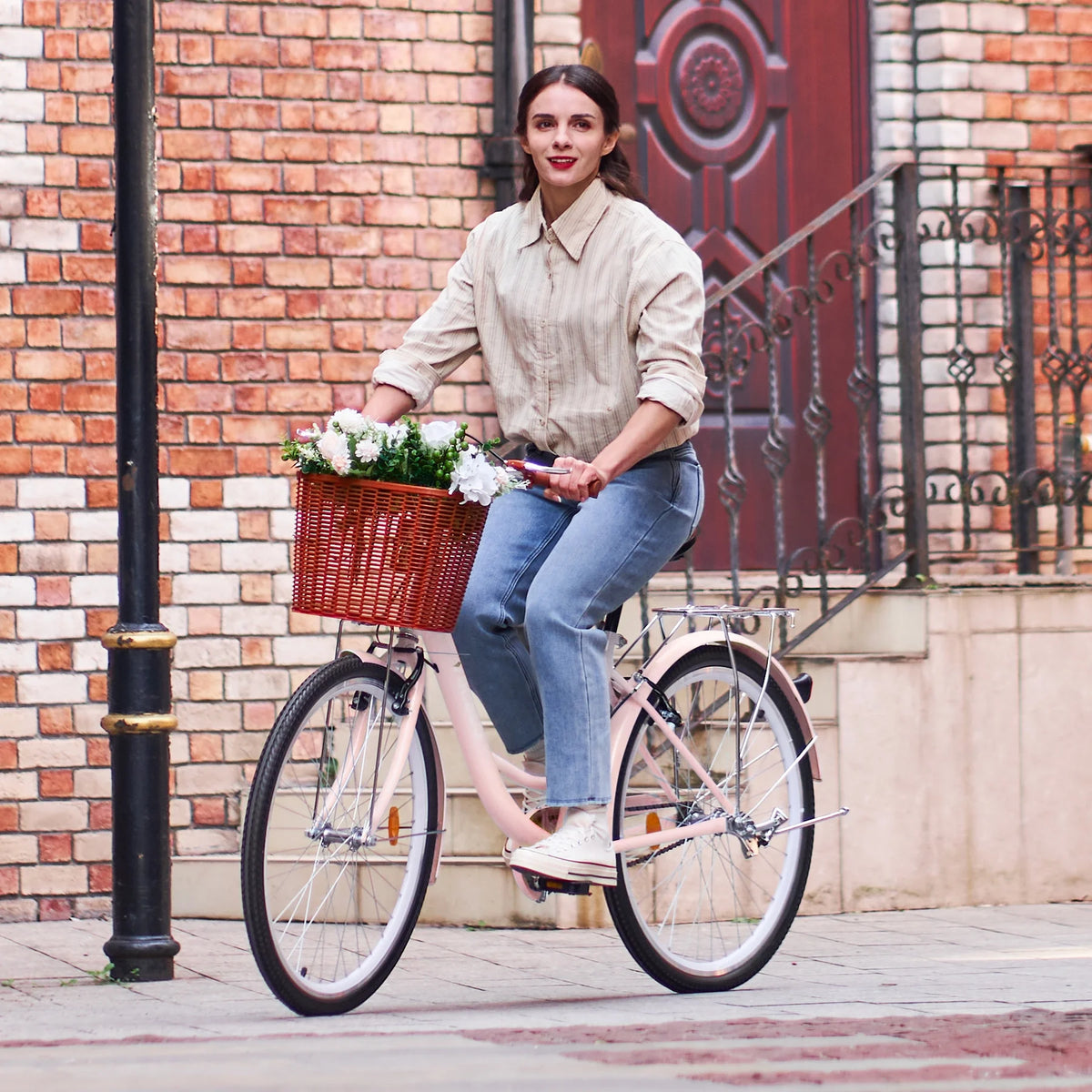 26 Inch Pink Cruiser Bicycle with Basket Rack B319019