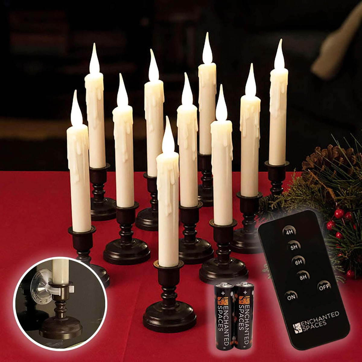 Set of 10 Flameless Ivory Window Candles with Gold Candle Stands P272