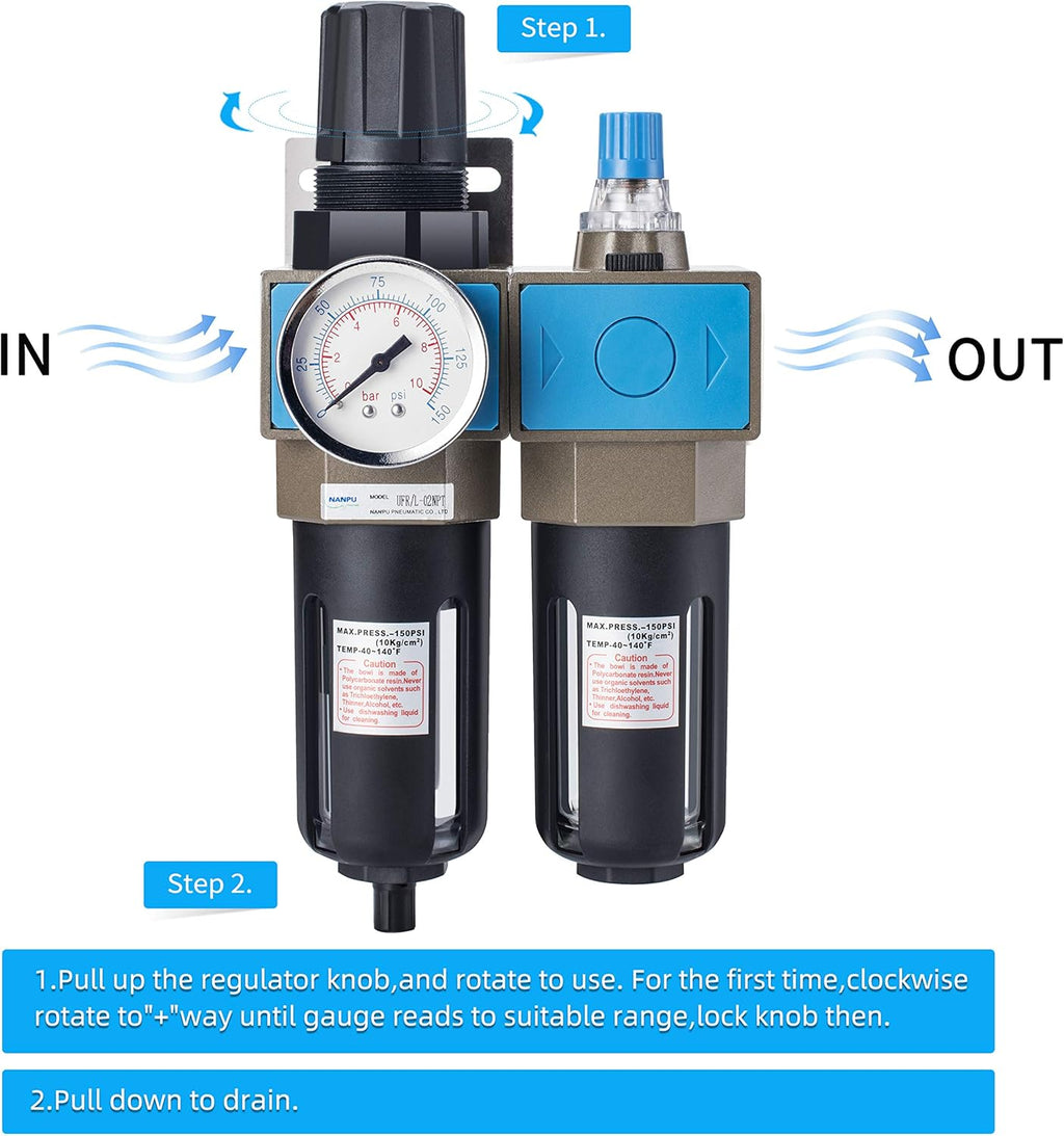 1/4 NPT Compressed Air Filter Regulator Lubricator, 5 Micron, 0-150 psi C958