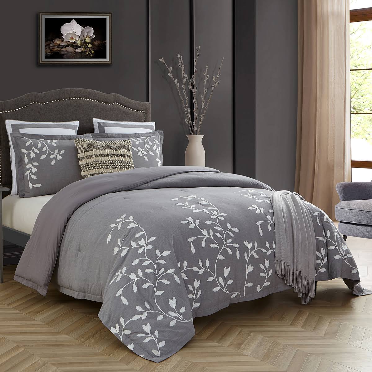 Queen Grey Chambray Cotton Comforter Set B2426