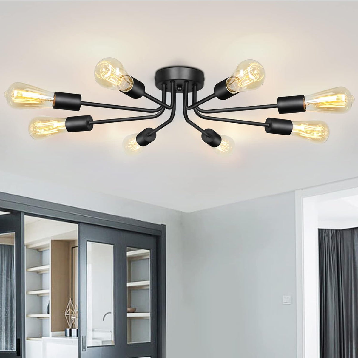 6 Light Matte Black Flush Mount Ceiling Light W547