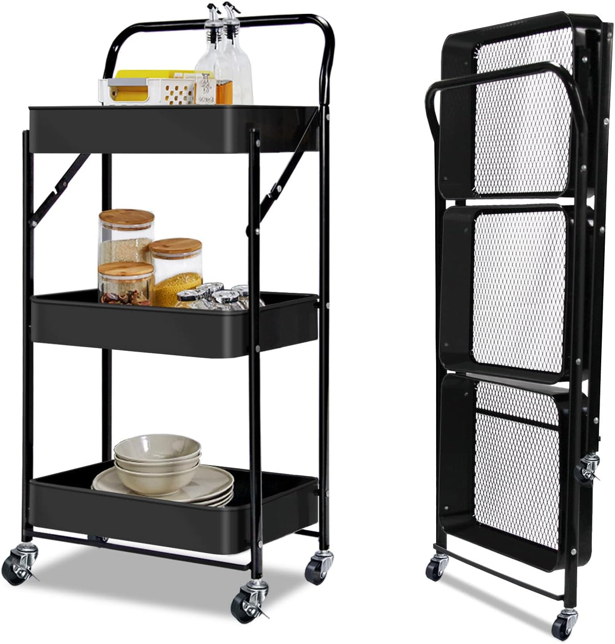 3-Tier Collapsible Rolling Utility Cart with Lockable Casters N510642