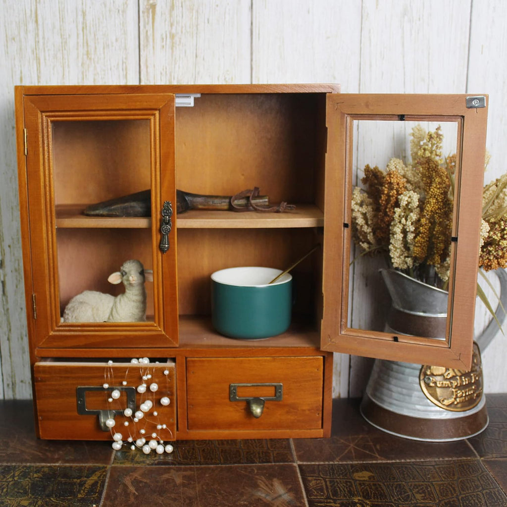 Wooden Storage Cabinet with Glass Double Doors and Adjustable Shelf Q382588