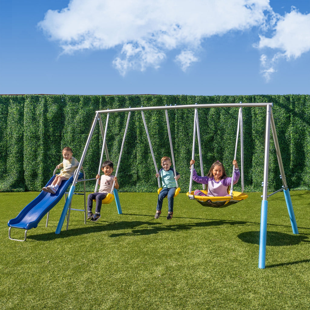 Metal Swing Set with LED Light up Saucer Swing, 2 Swings, and Blow Molded Slide Y102394