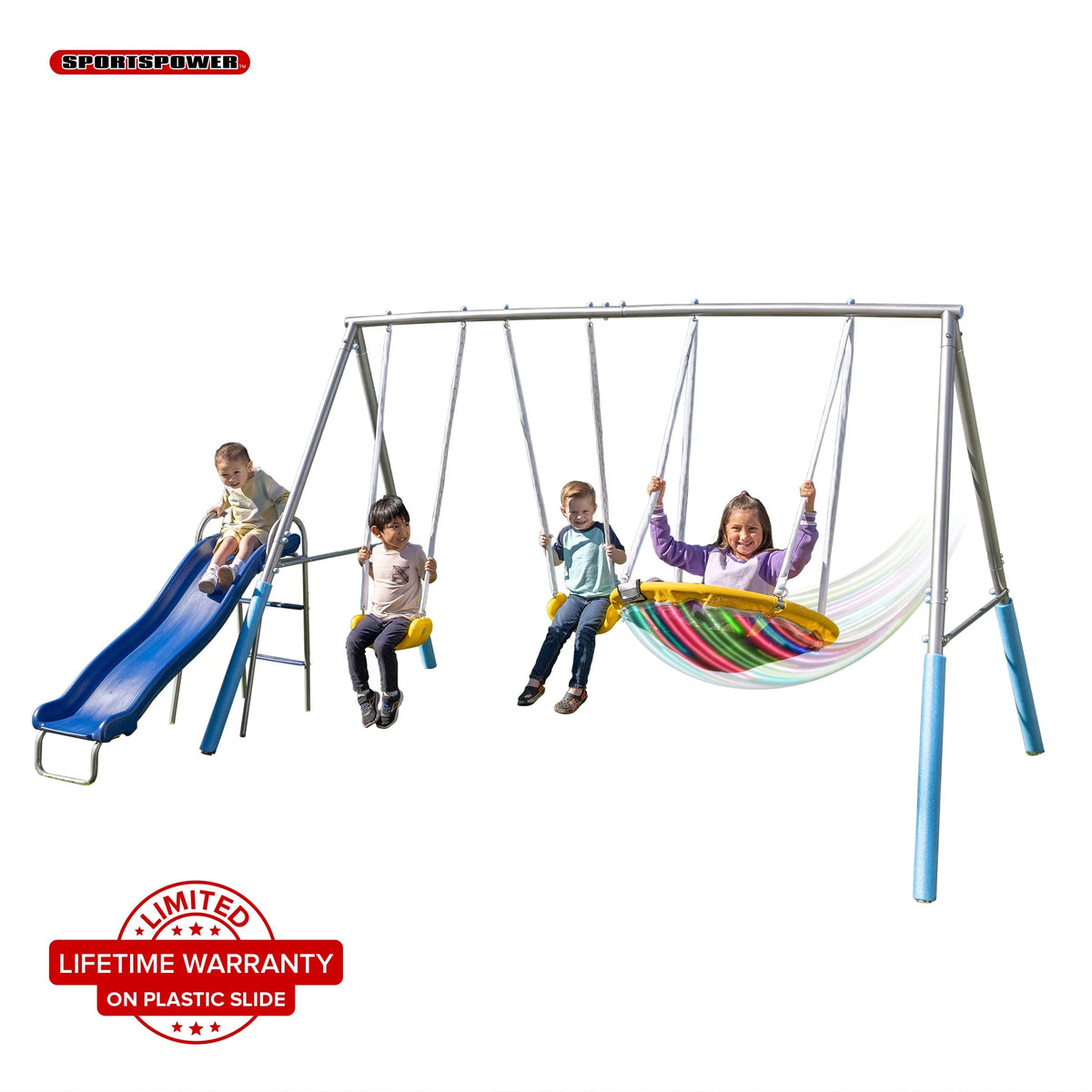 Metal Swing Set with LED Light up Saucer Swing, 2 Swings, and Blow Molded Slide Y102394