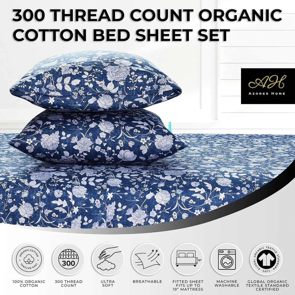 300 Thread Count Organic Cotton Deep Pocket Bed Sheet Set King Dark Blue T2524