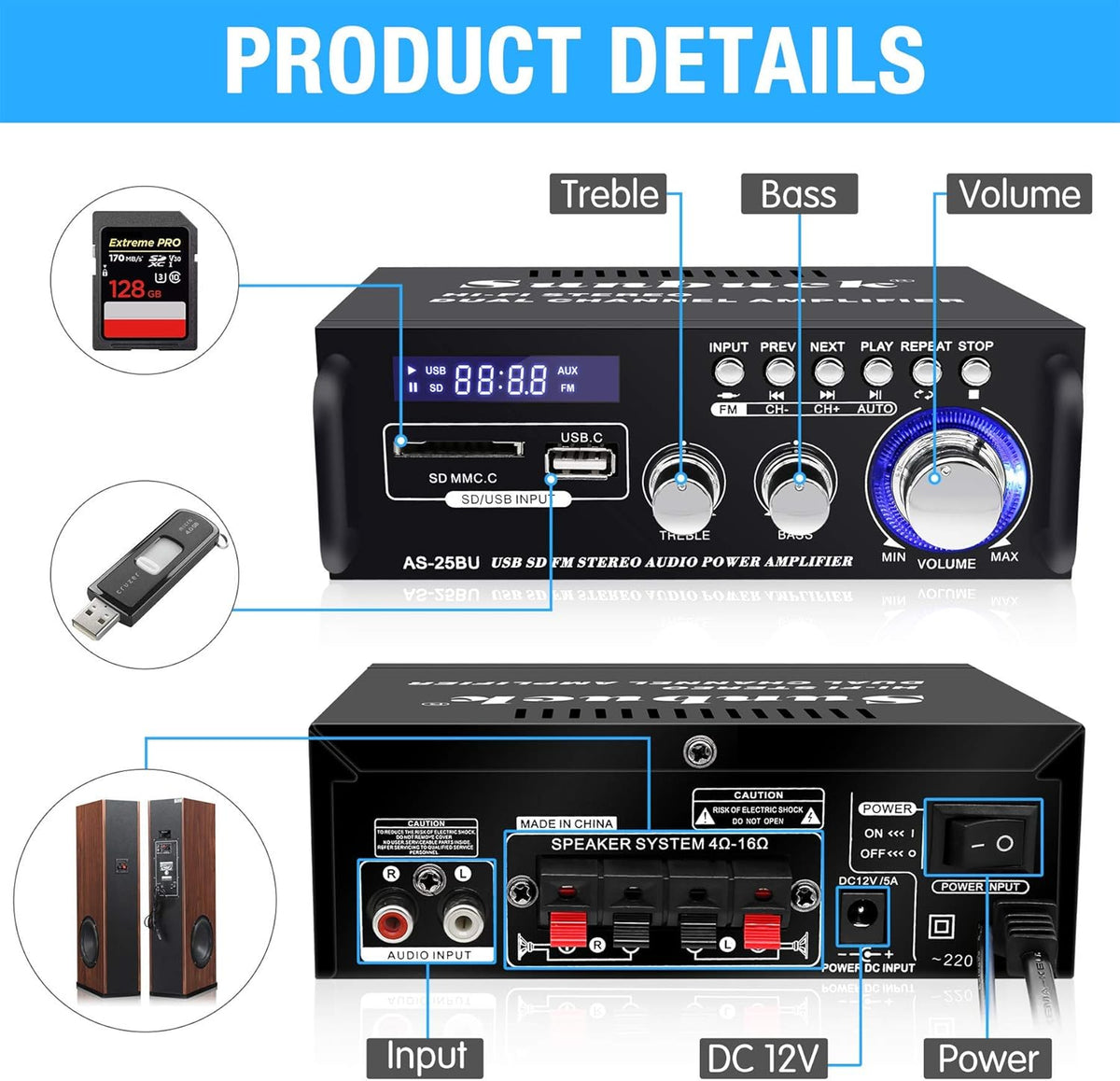 180W Wireless Bluetooth Stereo Amplifier U508077