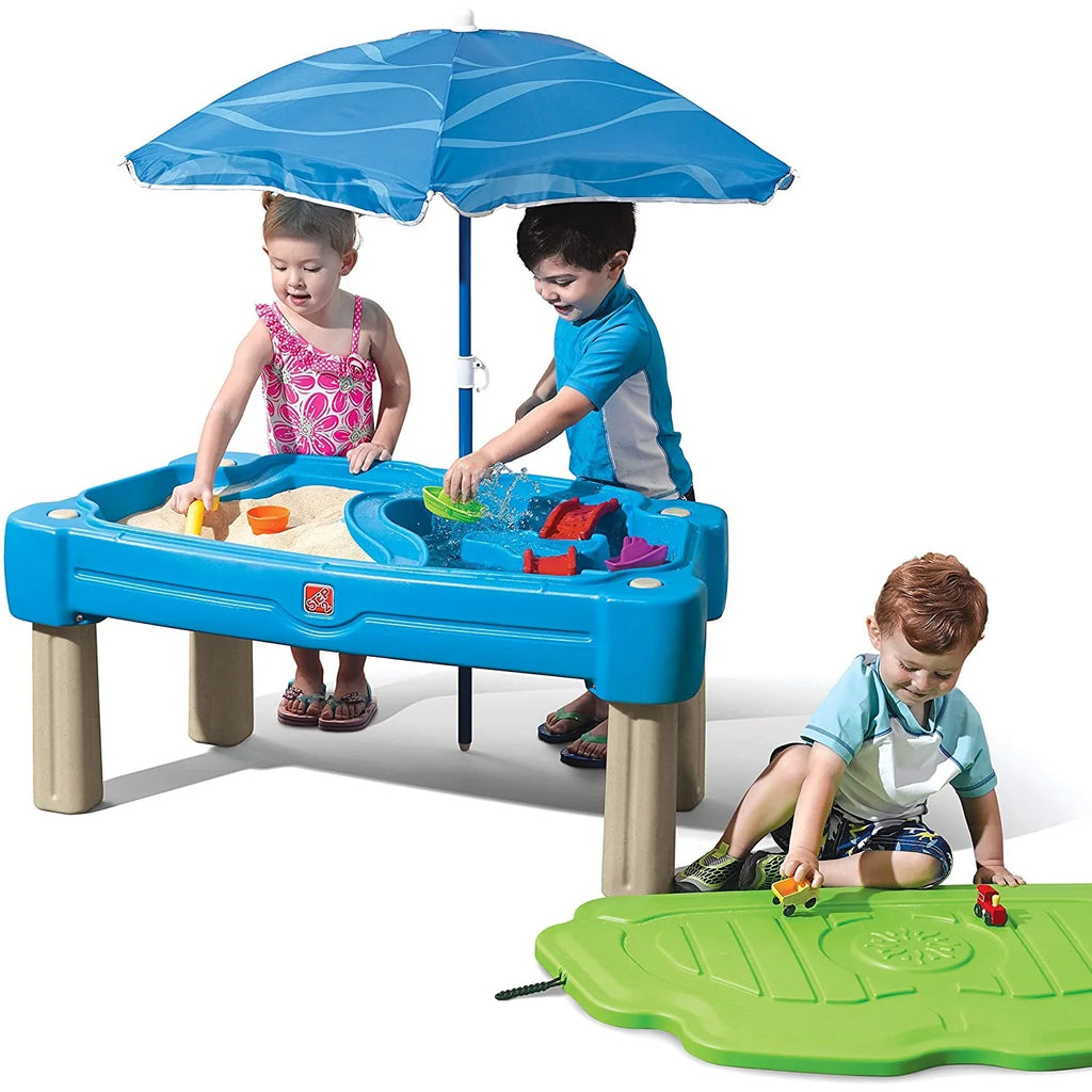 Blue Plastic Sandbox and Water Table with Cover and Umbrella Z572