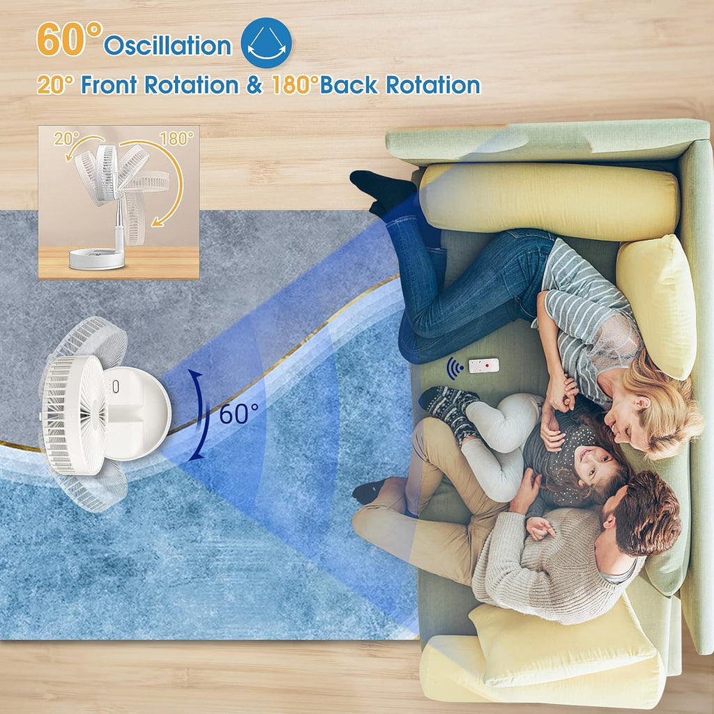 Portable Oscillating Standing Fan with Remote, 8 Foldable Rechargeable Quiet Fan K7333