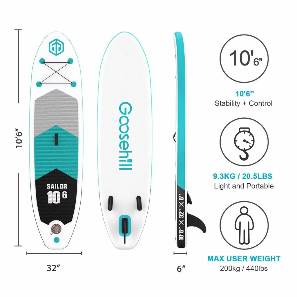 Teal Inflatable Paddle Board, 10'6 Long 32 Wide 6 Thick R7166