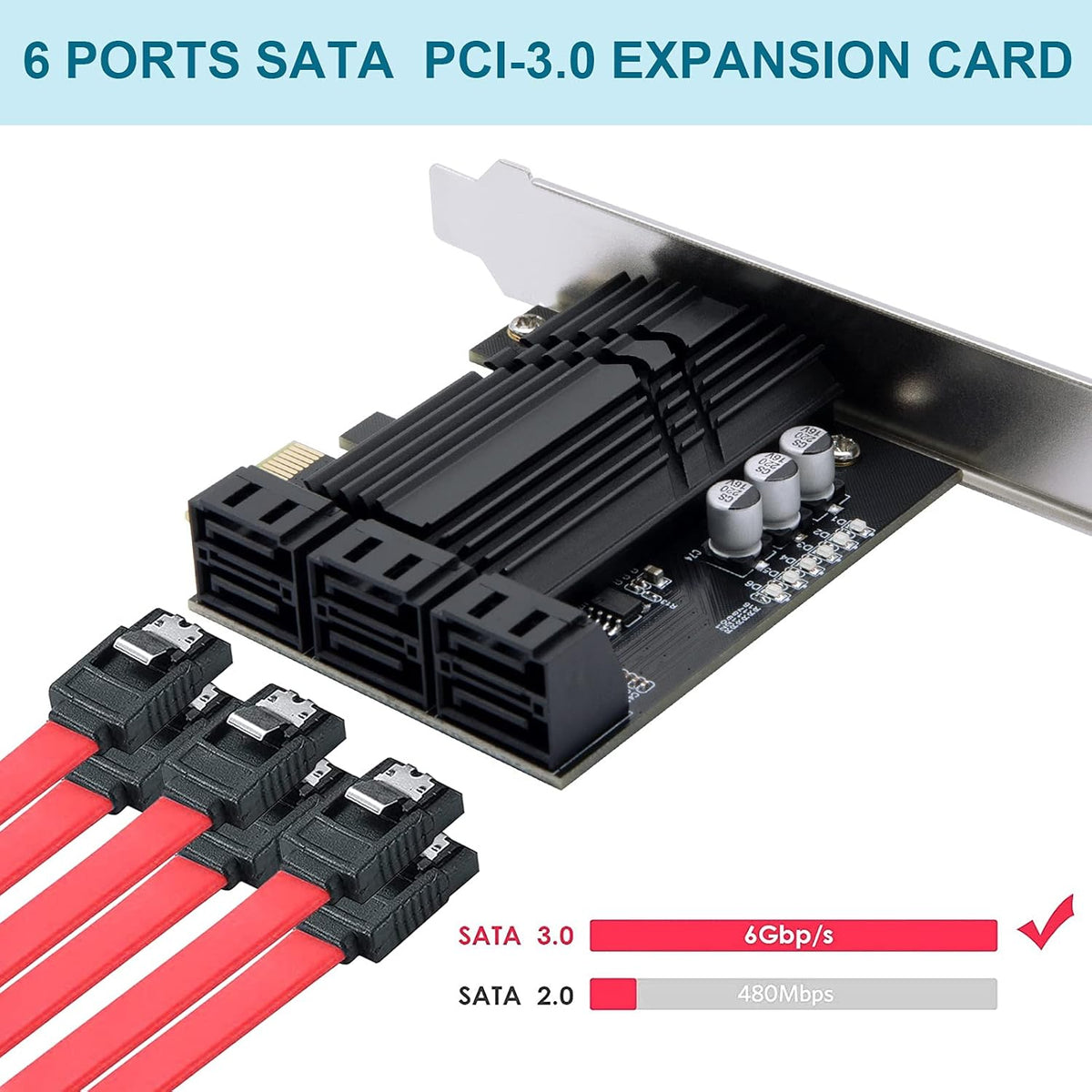 PCIe x1 6 Port SATA 3.0 Expansion Card with 6 SATA Cables H538