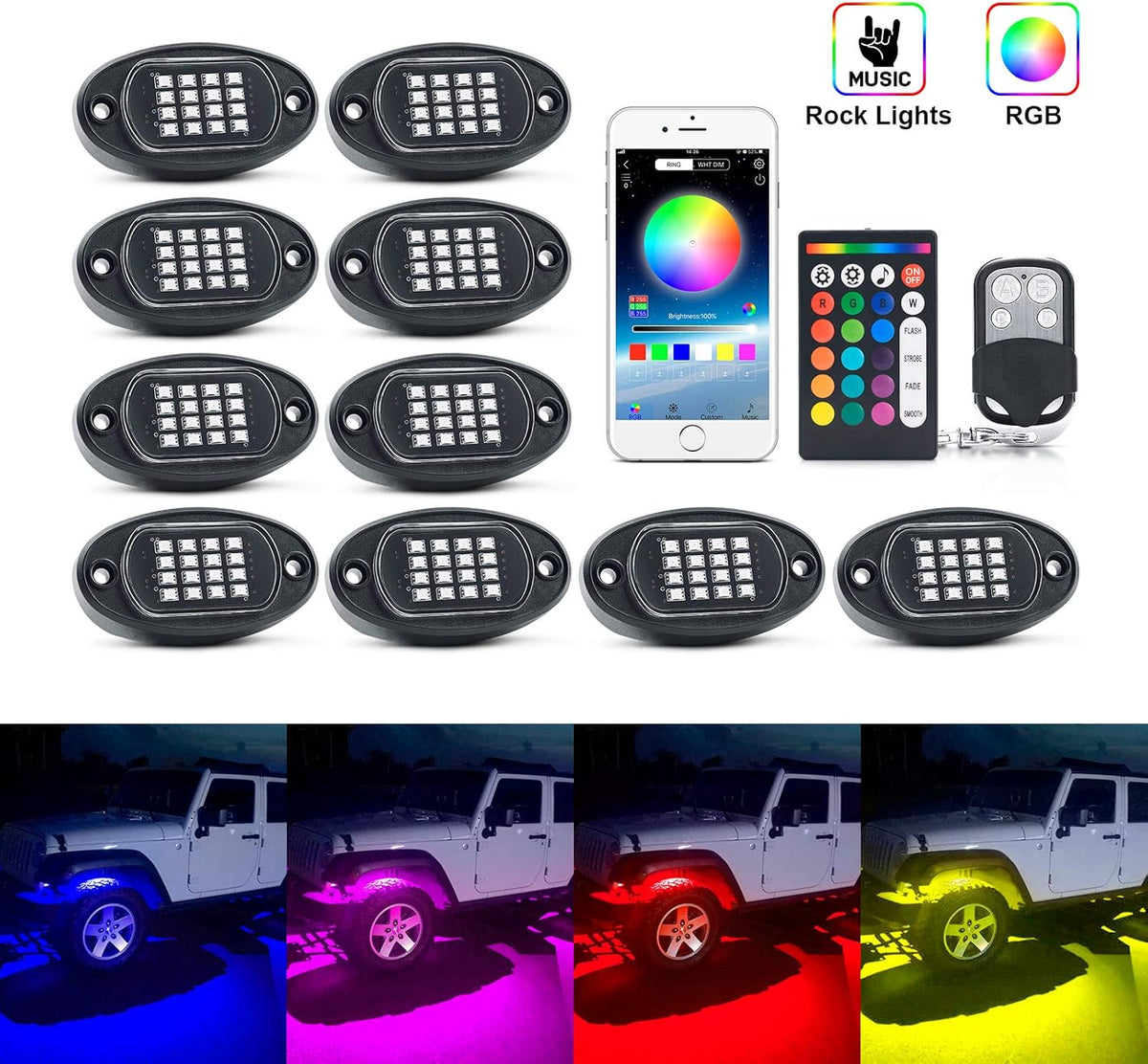 RGB LED Rock Lights with Remote Control, Music Sync Waterproof Underglow Lighting Kit J6832