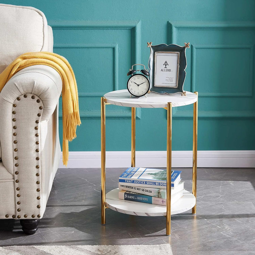 White Marble 2-Tier Square Side End Table with Storage Shelf L45940