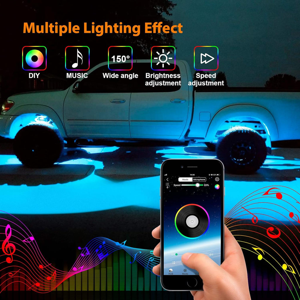 RGB LED Rock Lights with Remote Control, Music Sync Waterproof Underglow Lighting Kit J6832