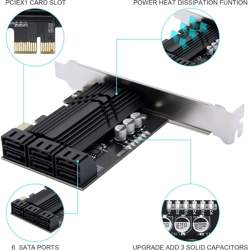 PCIe x1 6 Port SATA 3.0 Expansion Card with 6 SATA Cables H538