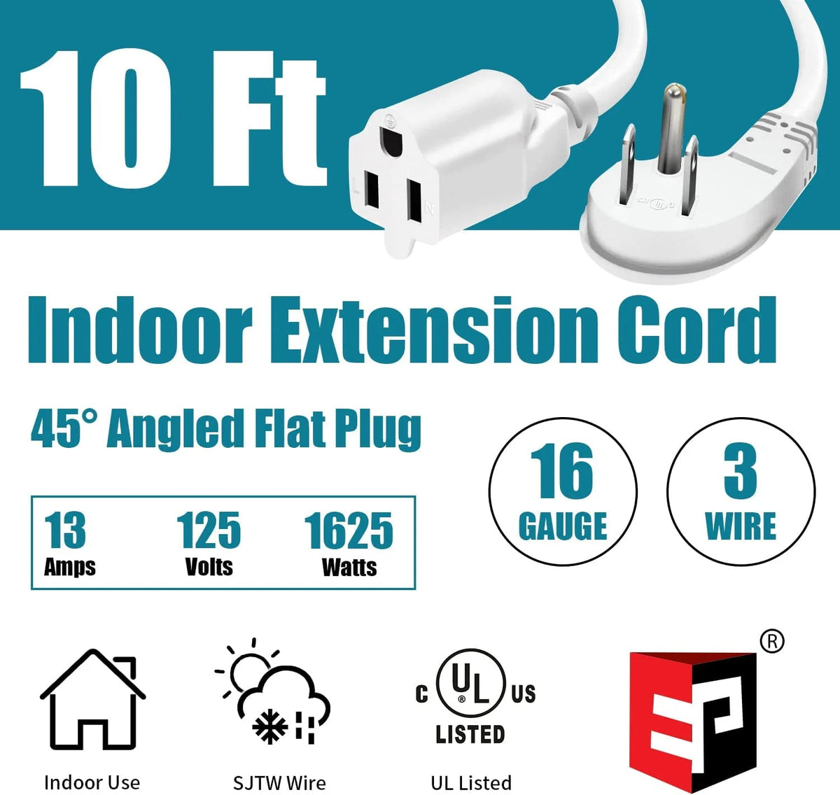 10 Ft 16/3 Flat Plug Indoor Extension Cord V5465