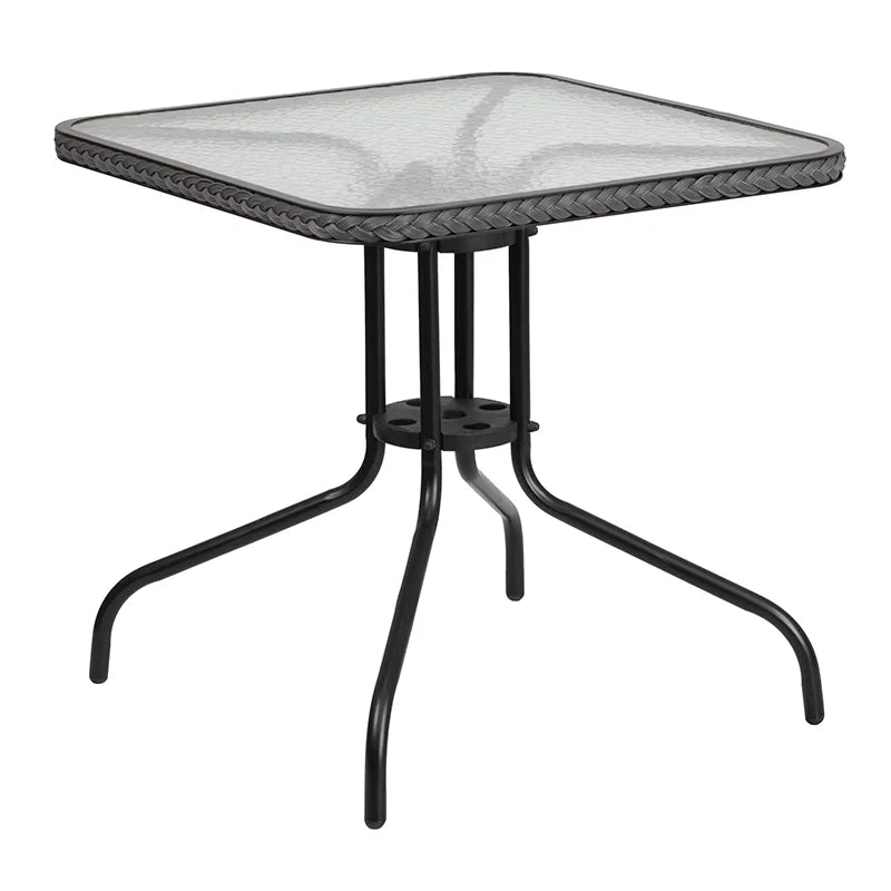 28'' Square Glass Metal Table with 2 Gray Rattan Stack Chairs W112
