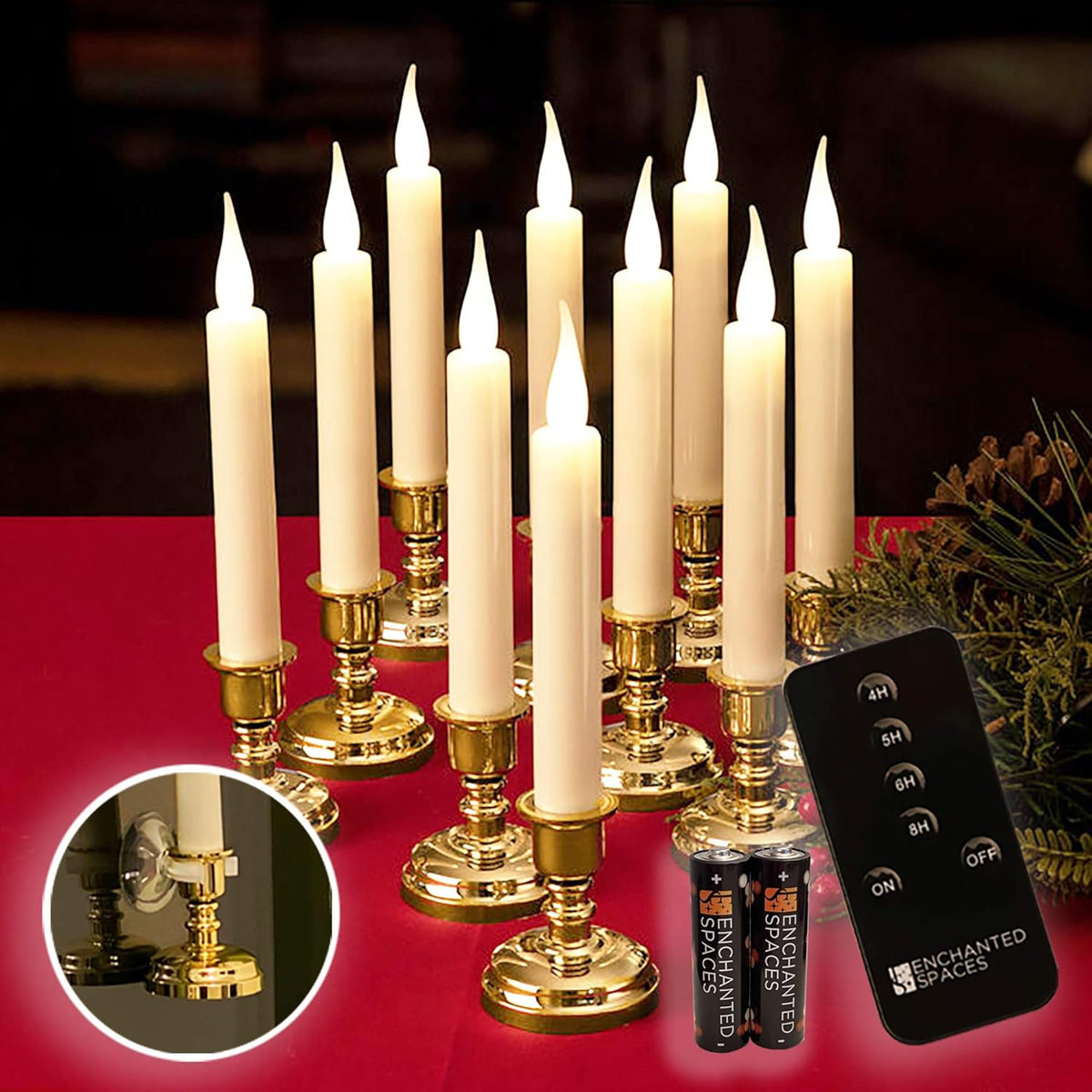 Set of 10 Flameless Ivory Window Candles with Gold Candle Stands P272