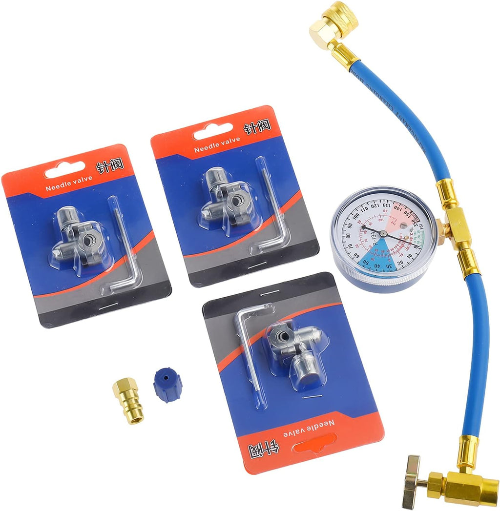Refrigerant Charging Hose Gauge with 3 Pack Bullet Piercing Tap Valve Kit A24298