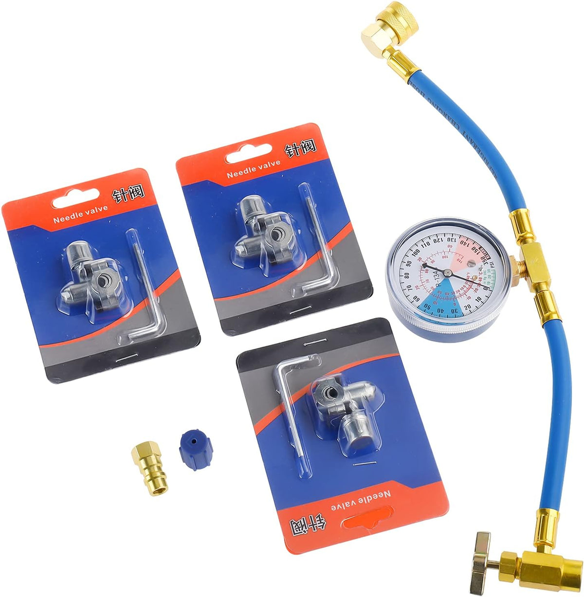 Refrigerant Charging Hose Gauge with 3 Pack Bullet Piercing Tap Valve Kit A24298