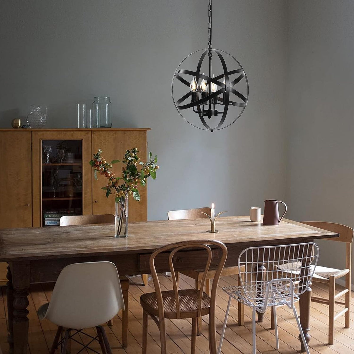 4-Light Black Pendant Lighting with Spherical Shade Q266