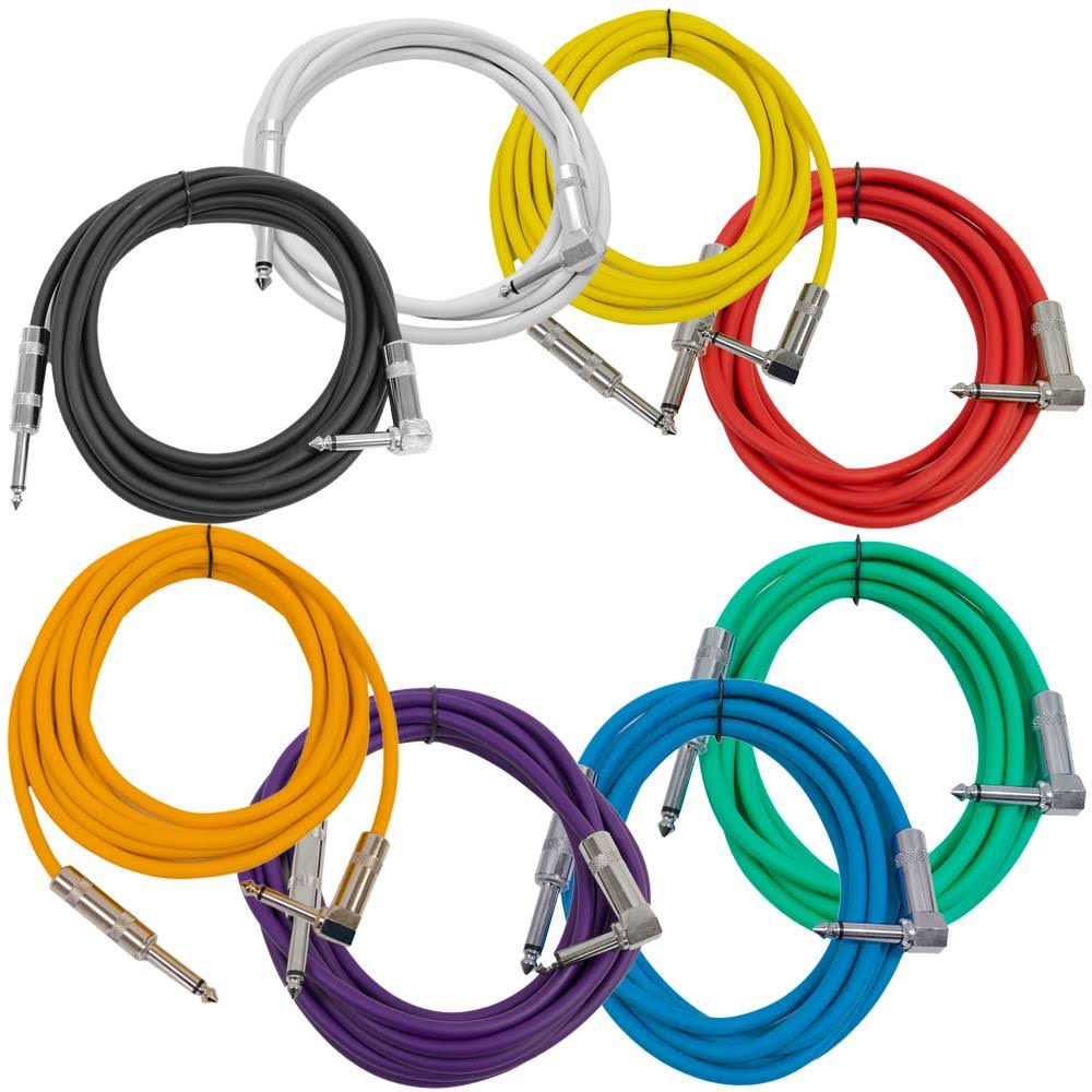 8 Pack of 10 Foot Multi-Color Right Angle to Straight Guitar Cables G7148