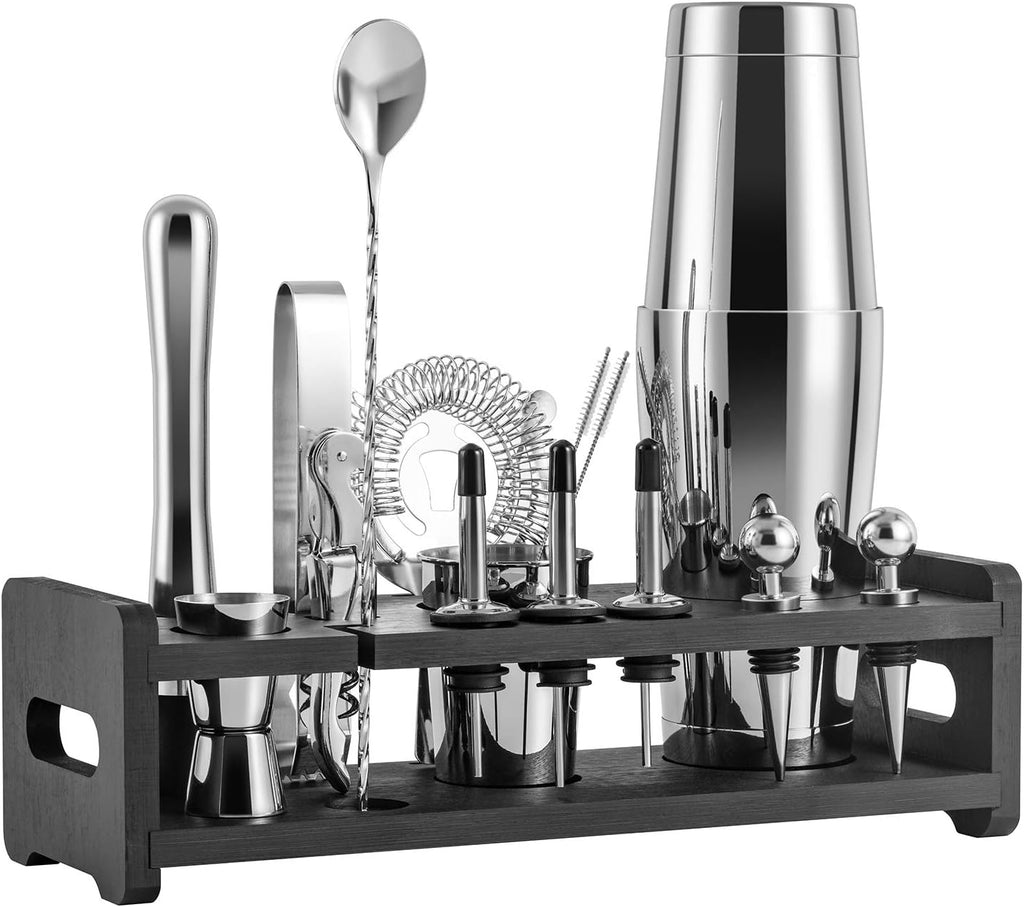 24-Piece Stainless Steel Cocktail Shaker Set with Stand and Velvet Carry Bag Q896