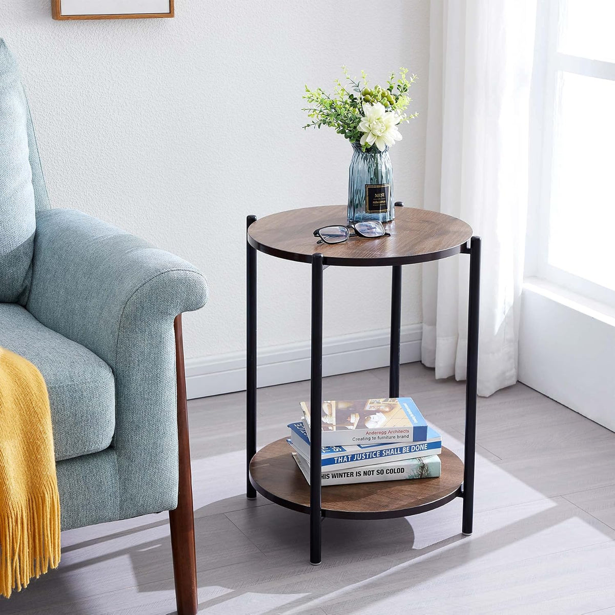 White Marble 2-Tier Square Side End Table with Storage Shelf L45940