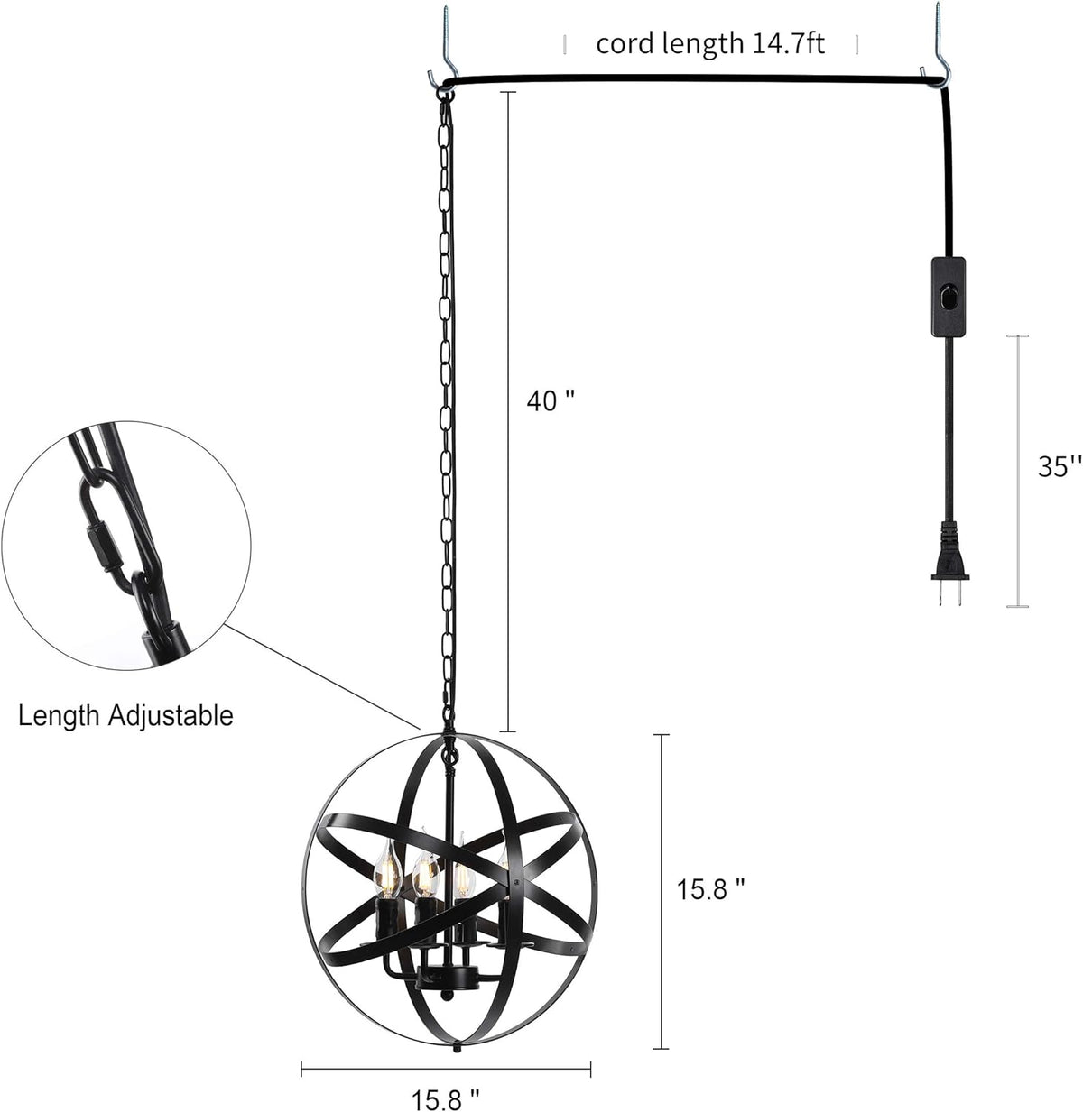 4-Light Black Pendant Lighting with Spherical Shade Q266