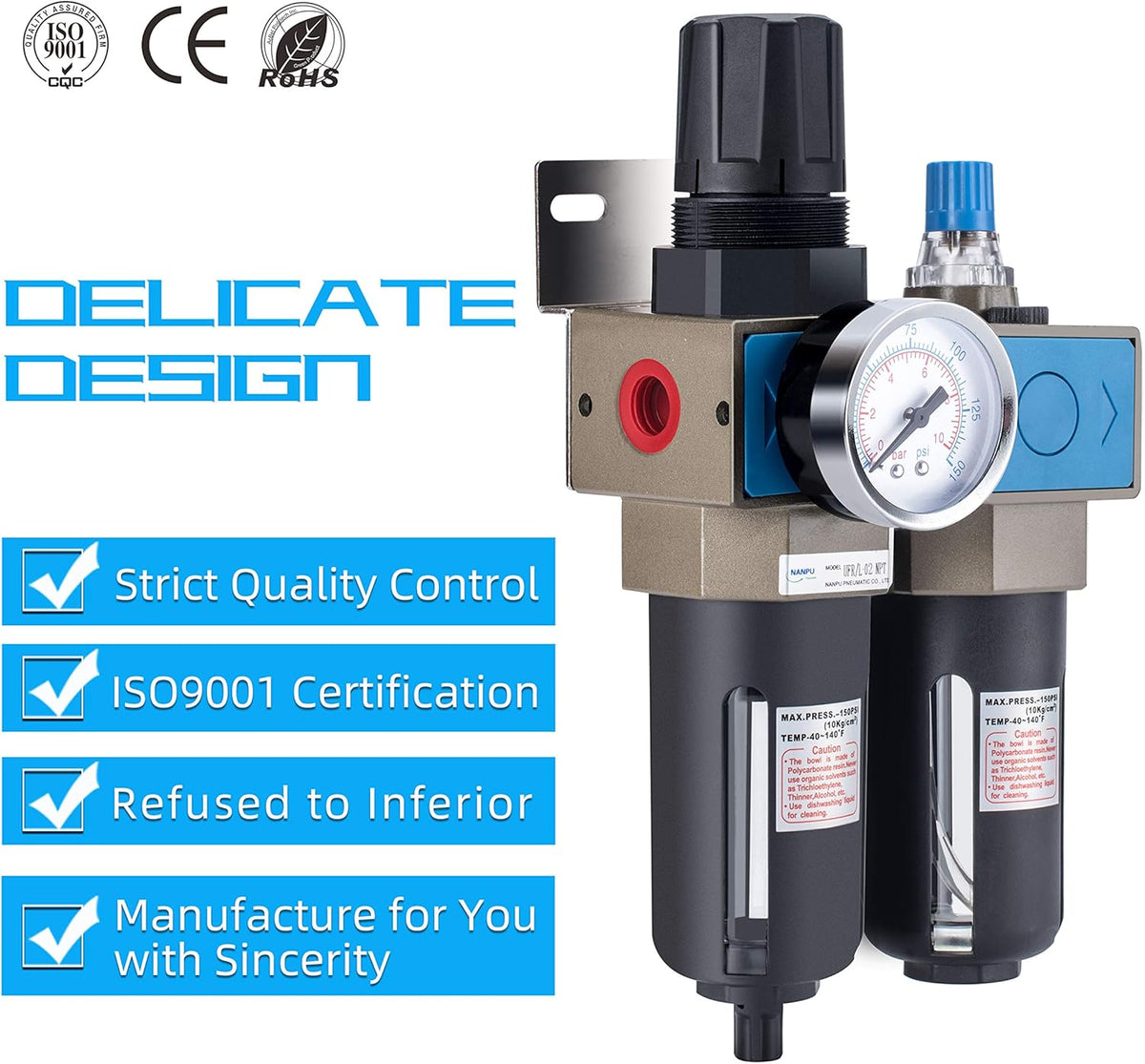1/4 NPT Compressed Air Filter Regulator Lubricator, 5 Micron, 0-150 psi C958